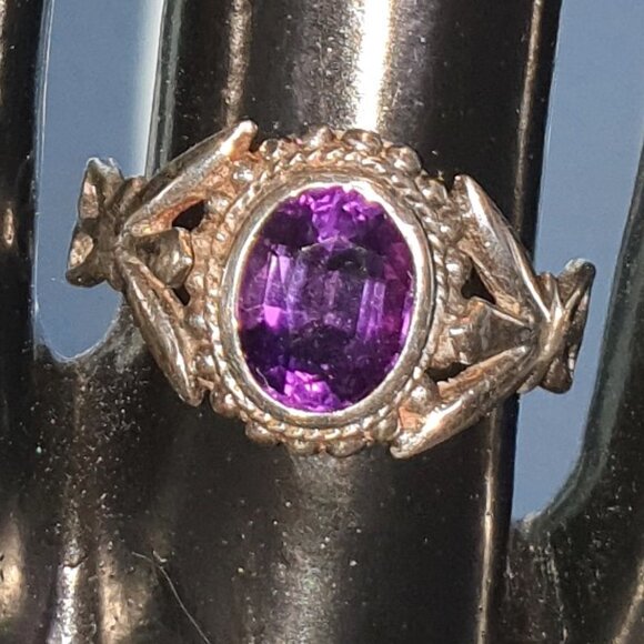 Vintage 9x 6mm Natural Amethyst 925 Sterling Silver Art Nouveau Ring - Picture 1 of 11